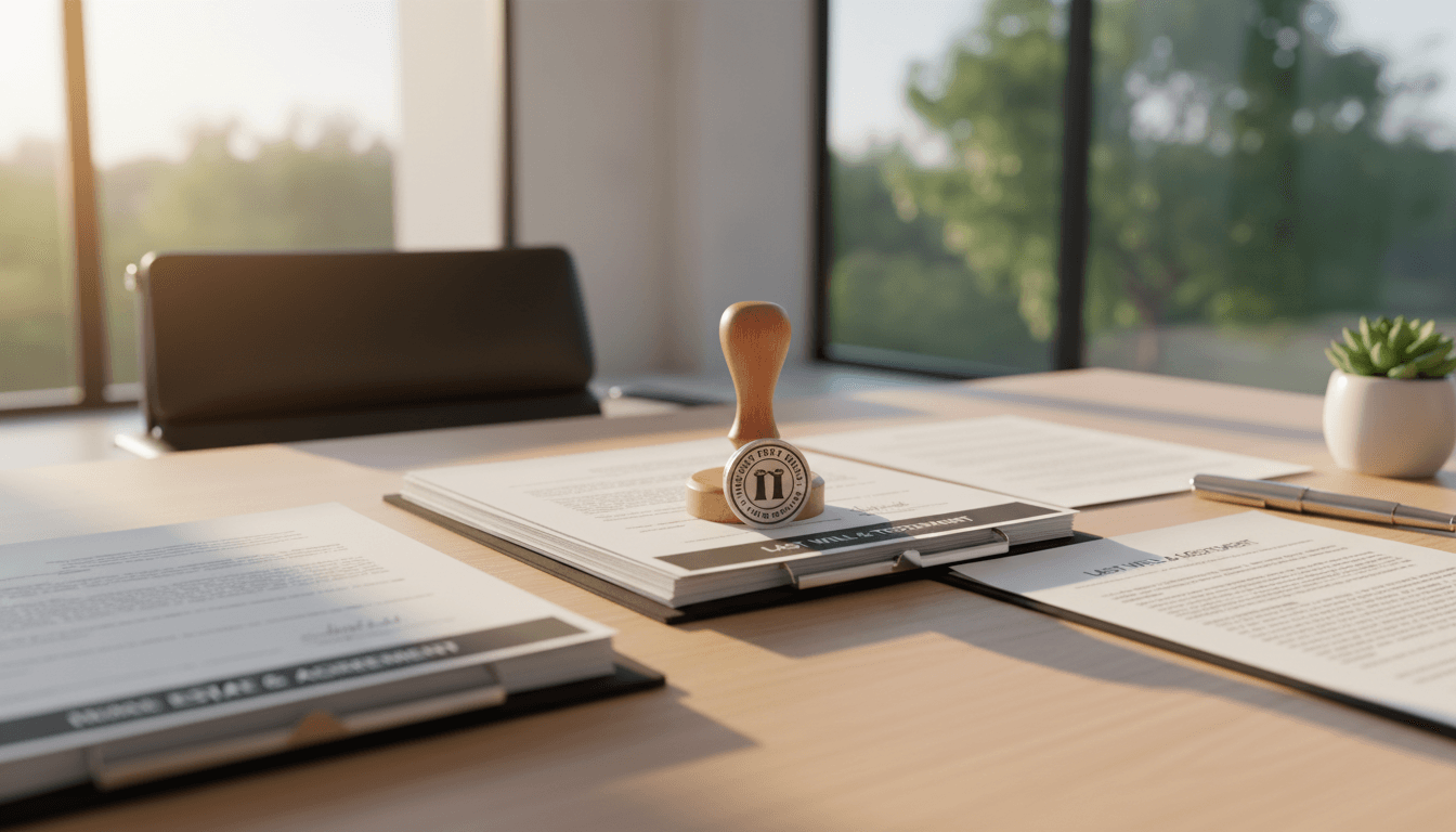 Notary stamp and signed legal documents on a clean office desk